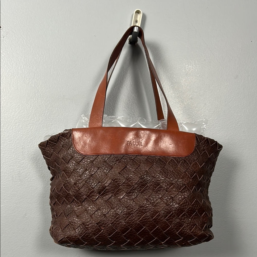 FALOR Firenze Italia Italy Woven Leather Handbag Tote Purse Brown VTG